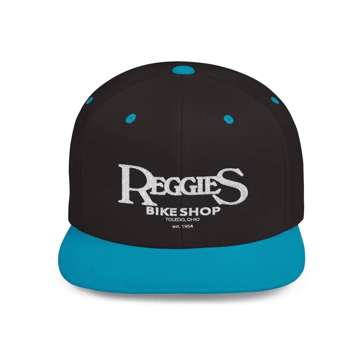 Reggies Bike Shop Flat Bill Snapback Hat Printify